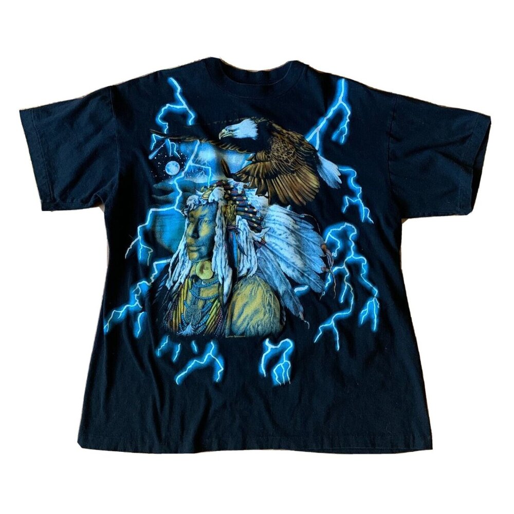 Vtg 1990s American Indian Thunder Print Lightning Thrashing Shirt T-Shirt Top
